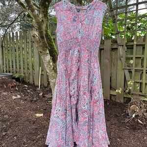 Chelsea & Theodore dress pink paisley super flared skirt, smocked waistband Sz L